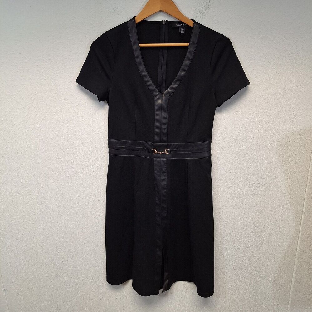 Ellen Tracy Ponte Flare Dress Knee Length Vegan Leather Trim Black Women's Sz S